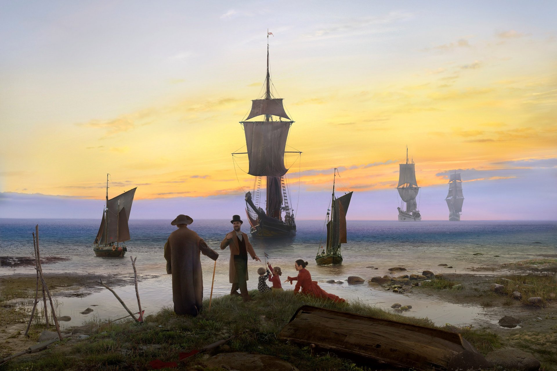Fotomontage nach einem Gemälde Friedrichs mit Personen verschiedenen Alters und mehreren Schiffen